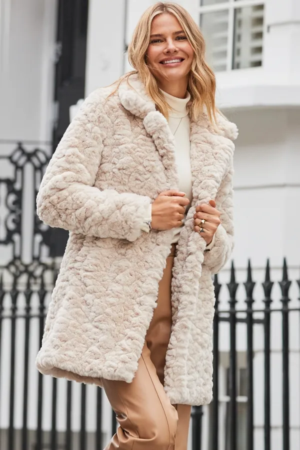 Cream Textured Faux Fur Coat