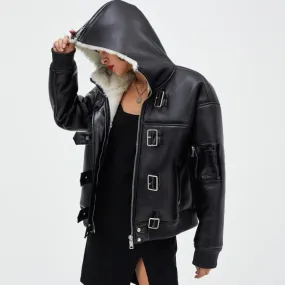 Fashion Female Black Pu Leather Jacket with fur / Casual Women's Jackets with Hoody