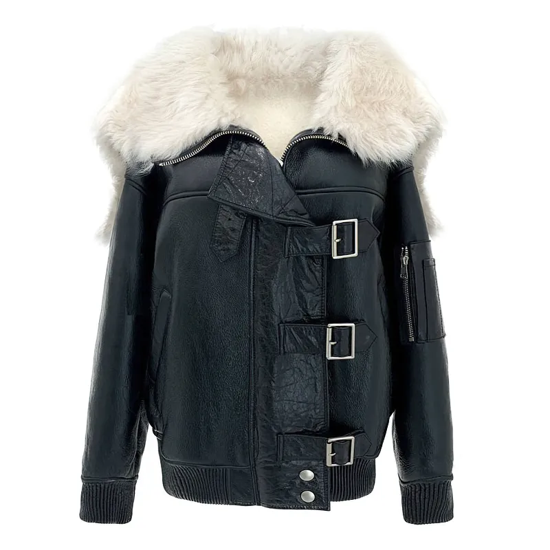 Fashion Female Black Pu Leather Jacket with fur / Casual Women's Jackets with Hoody