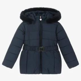 Girls Blue Hooded Puffer Coat