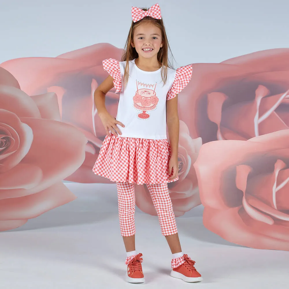 Girls Coral Pink Gingham Leggings Set