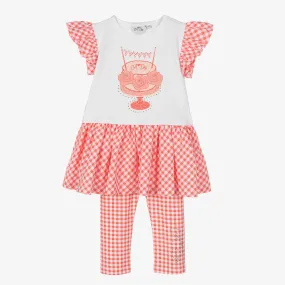 Girls Coral Pink Gingham Leggings Set