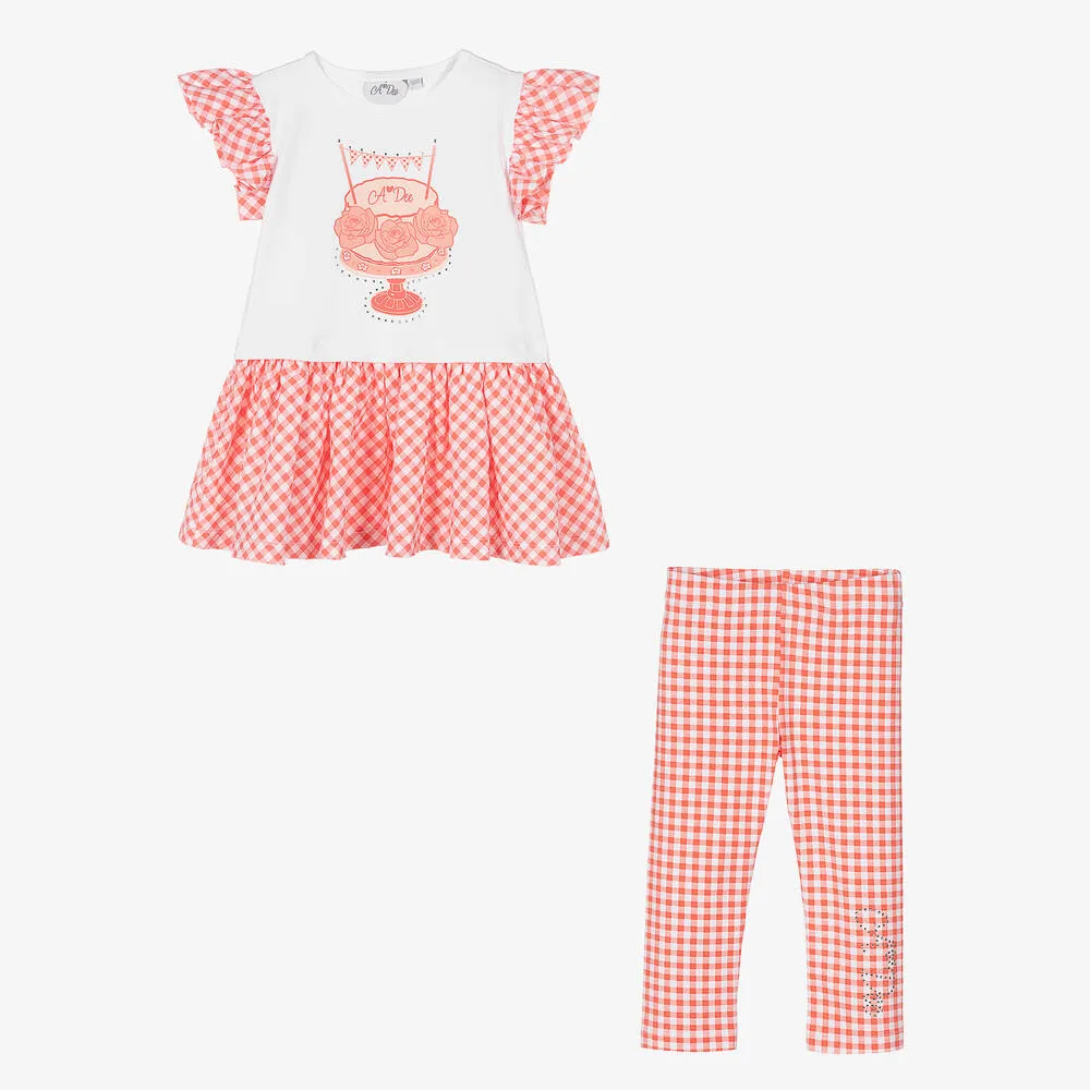 Girls Coral Pink Gingham Leggings Set