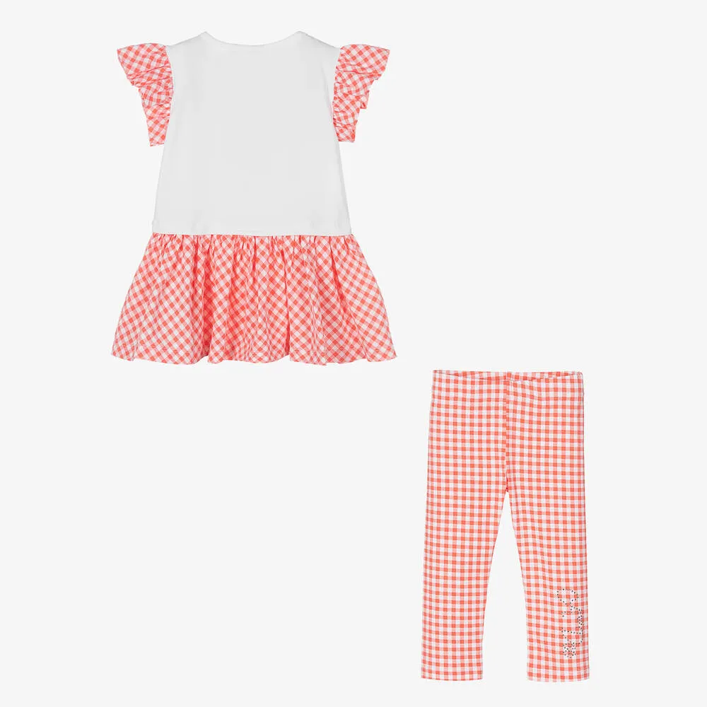 Girls Coral Pink Gingham Leggings Set