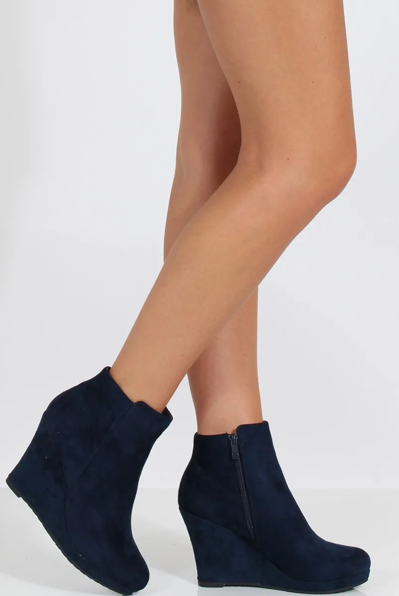 Navy Suede Wedged Ankle Boots - Ingrid