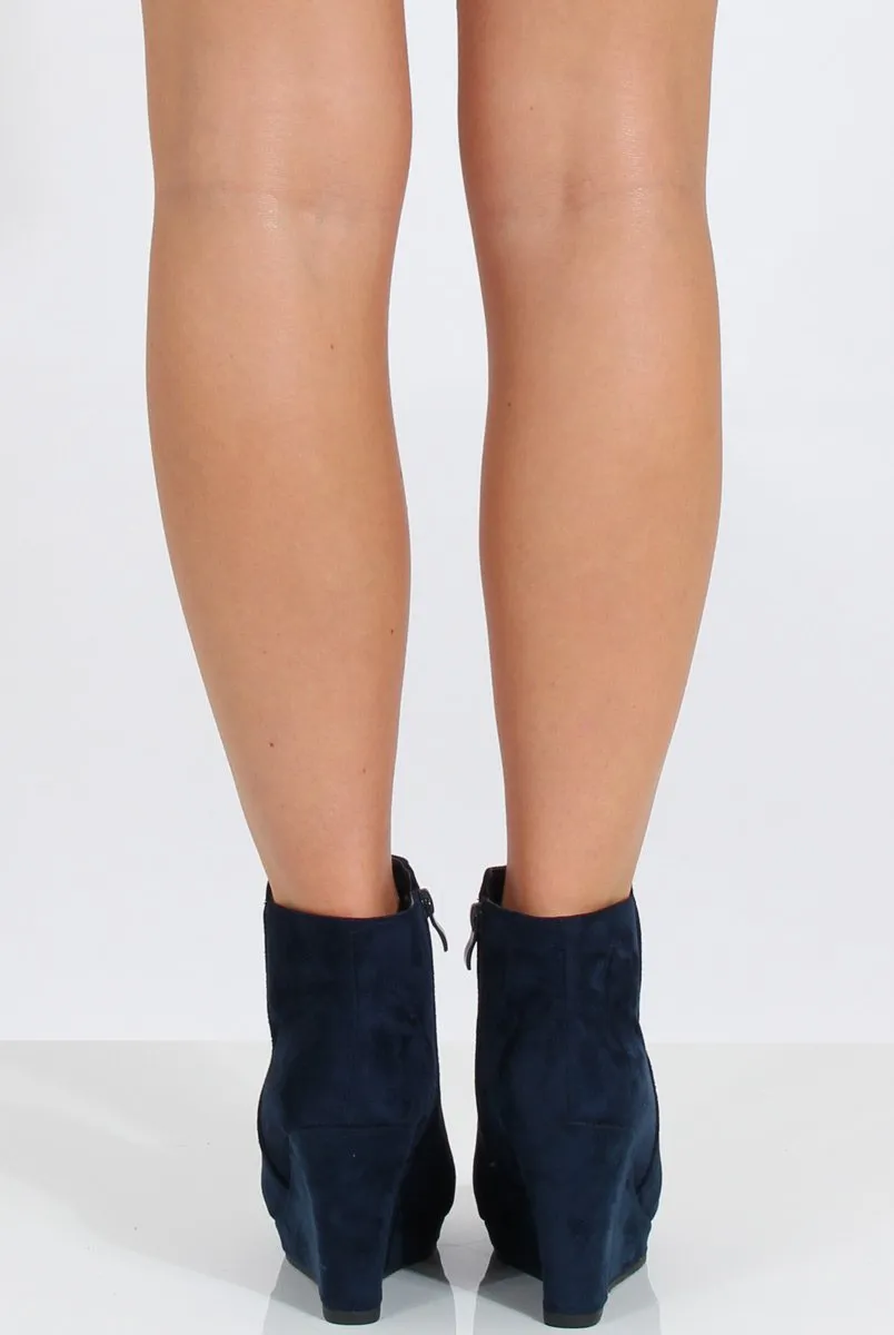 Navy Suede Wedged Ankle Boots - Ingrid