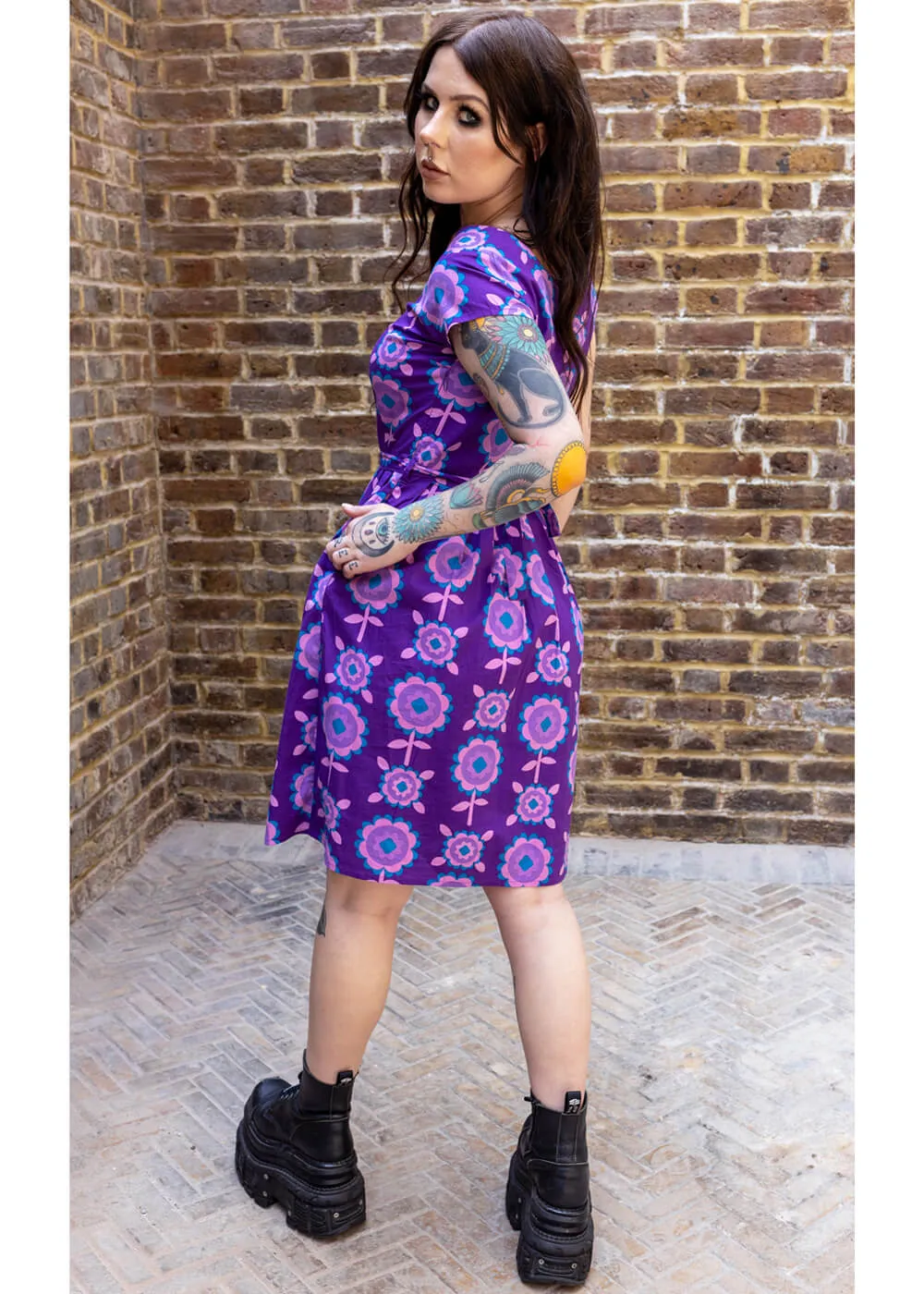 Run & Fly Retro Floral 70's A-Line Dress Purple