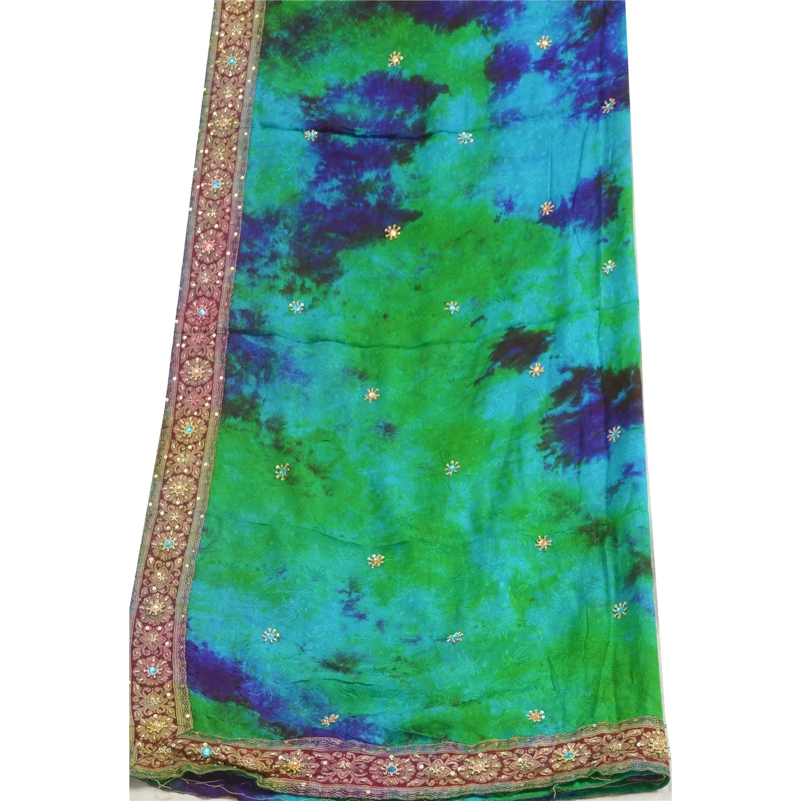 Sanskriti Vintage Dupatta Long Stole Pure Silk Green Hand Beaded Tie-Dye Scarves