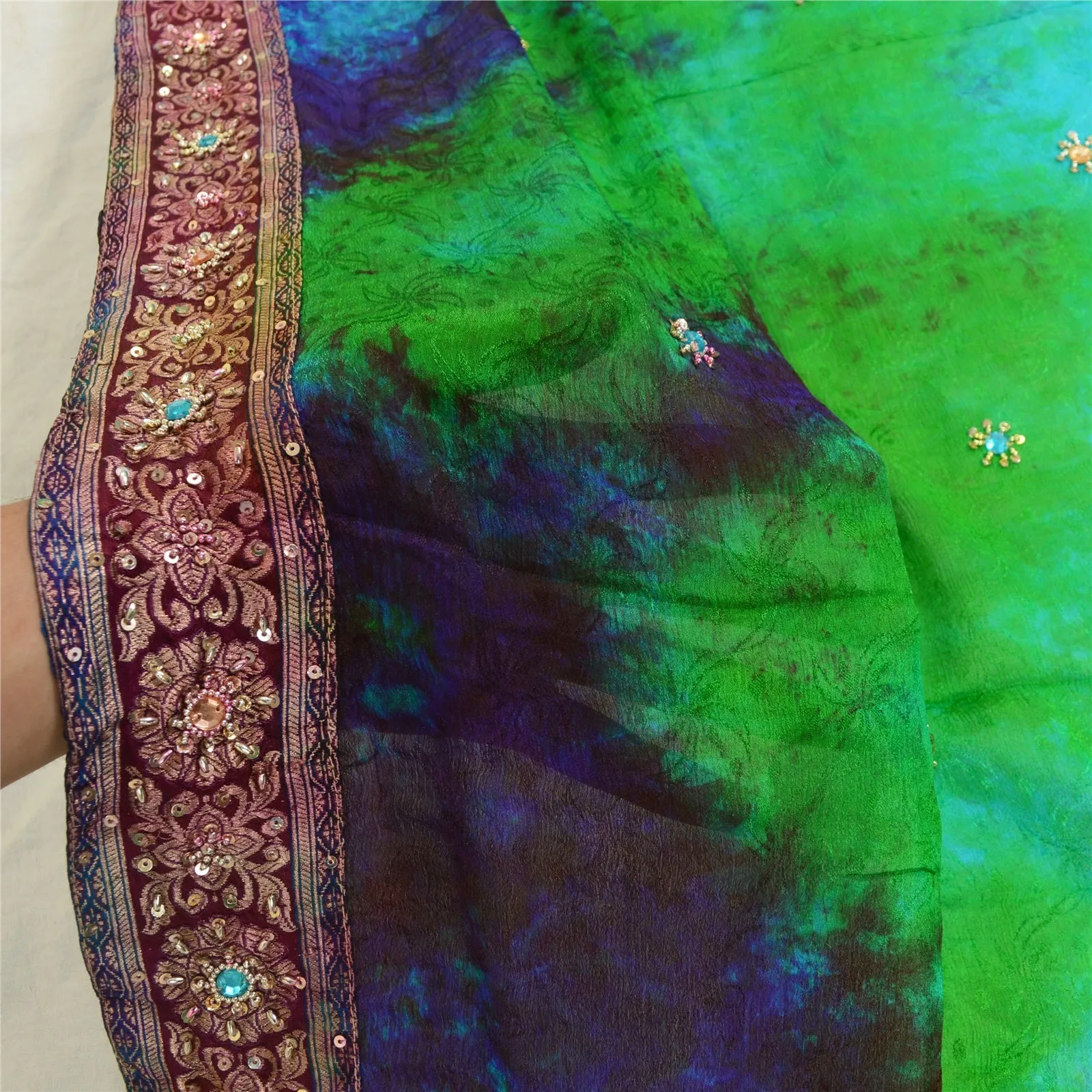 Sanskriti Vintage Dupatta Long Stole Pure Silk Green Hand Beaded Tie-Dye Scarves