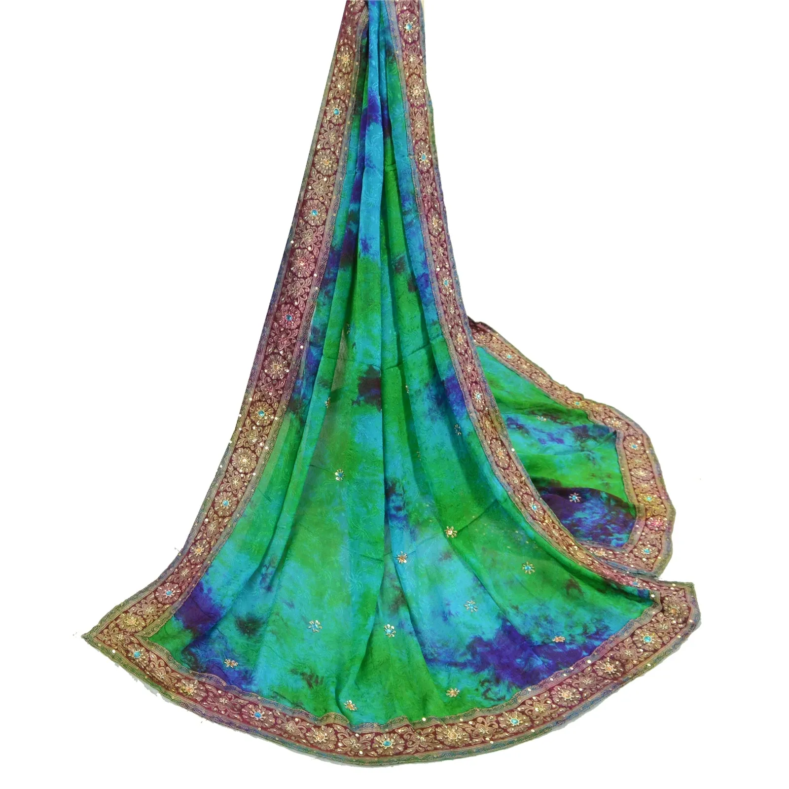 Sanskriti Vintage Dupatta Long Stole Pure Silk Green Hand Beaded Tie-Dye Scarves