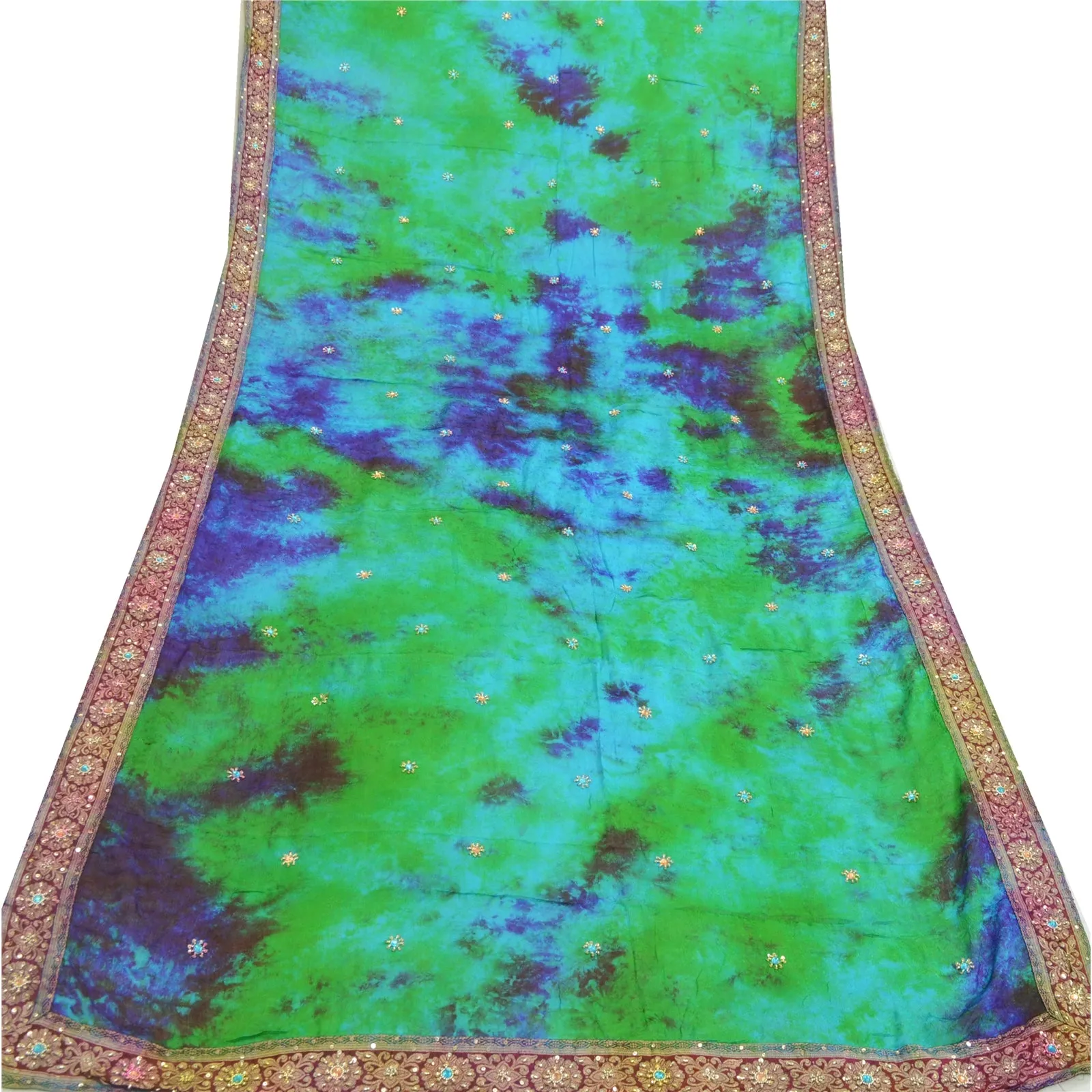 Sanskriti Vintage Dupatta Long Stole Pure Silk Green Hand Beaded Tie-Dye Scarves