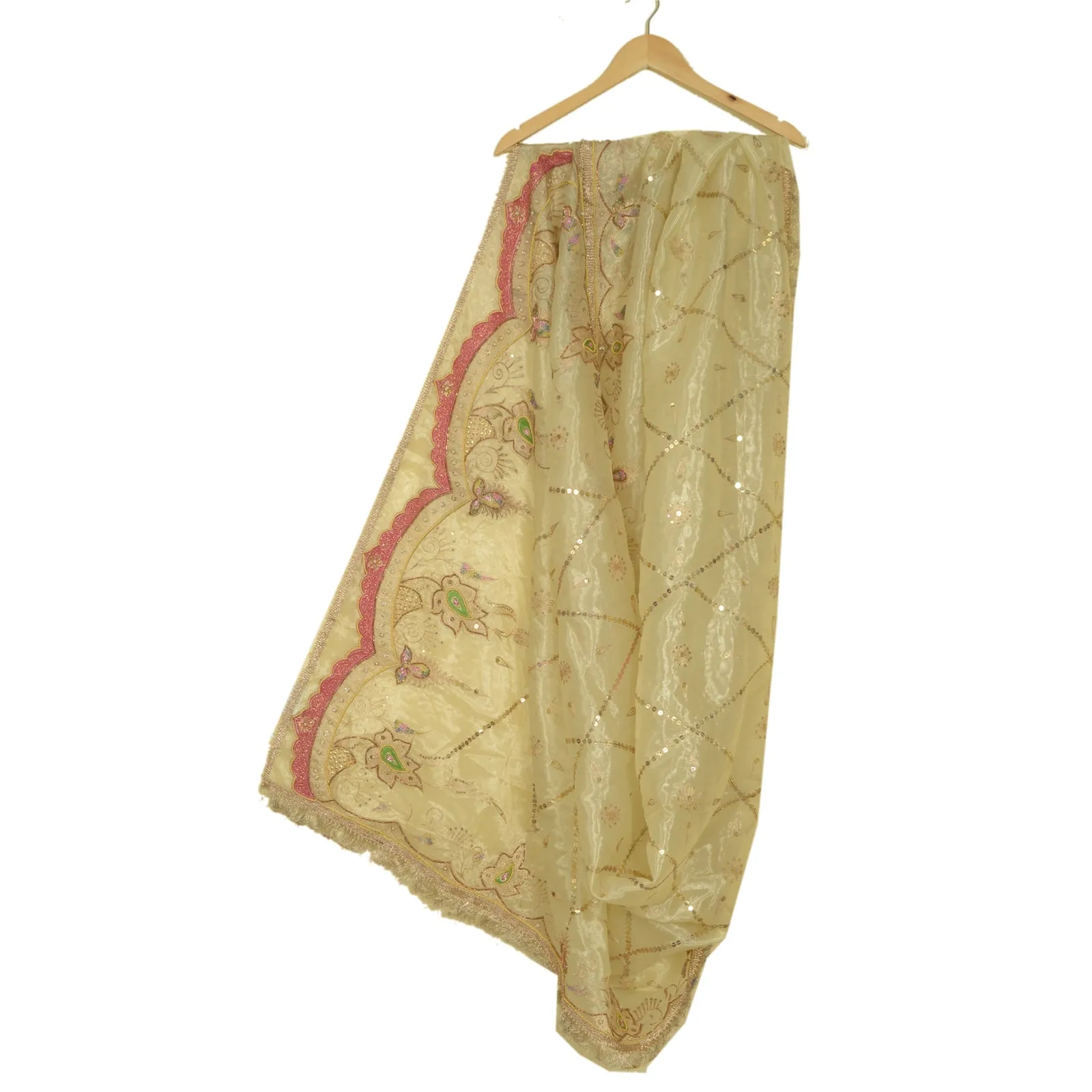 Sanskriti Vintage Long Cream Dupatta/Stole Pure Organza Silk Hand Beaded Scarves