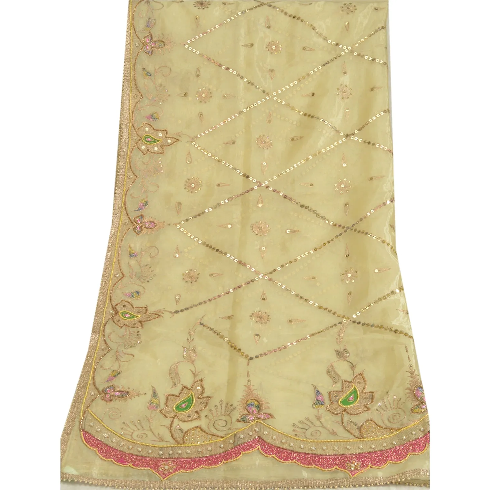 Sanskriti Vintage Long Cream Dupatta/Stole Pure Organza Silk Hand Beaded Scarves