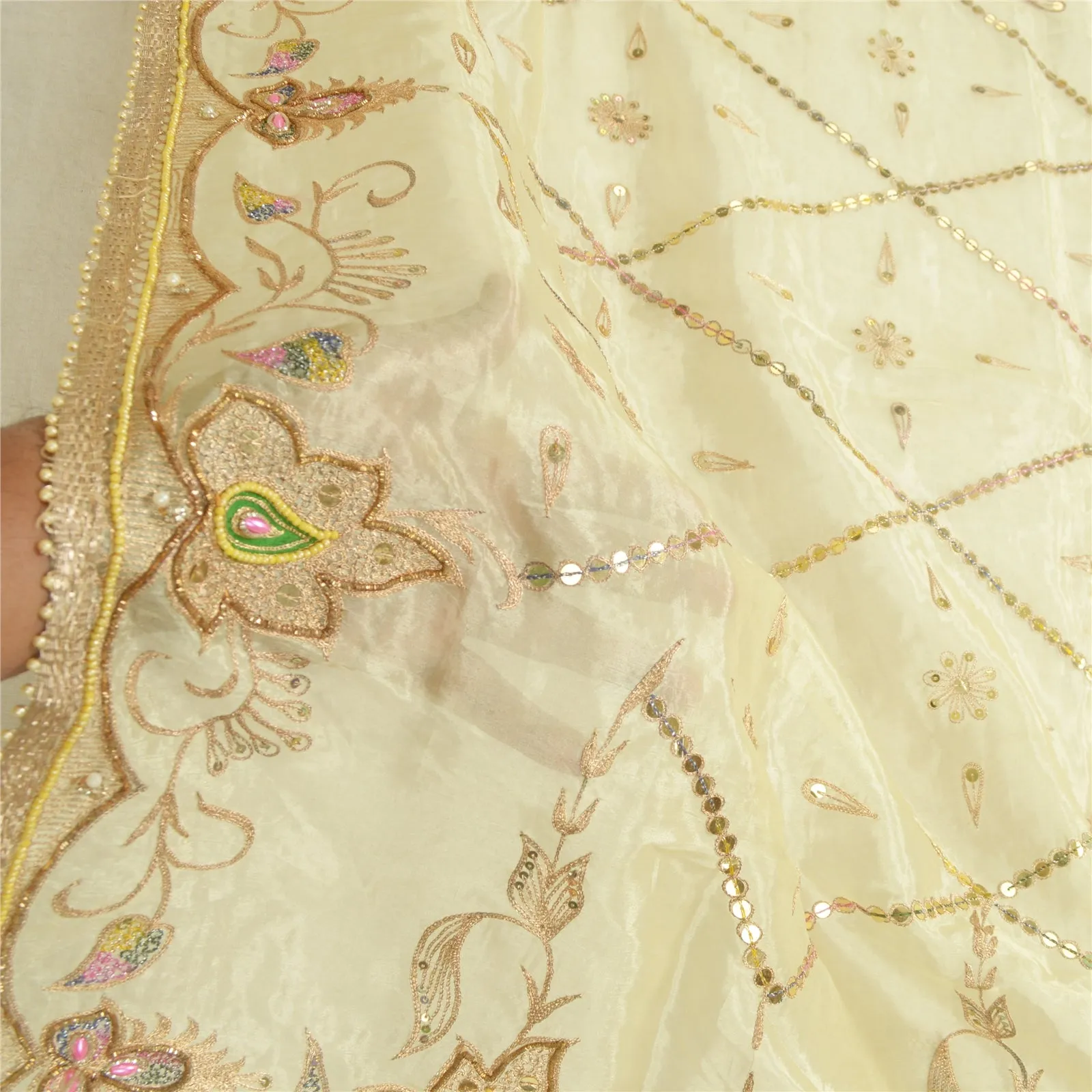 Sanskriti Vintage Long Cream Dupatta/Stole Pure Organza Silk Hand Beaded Scarves