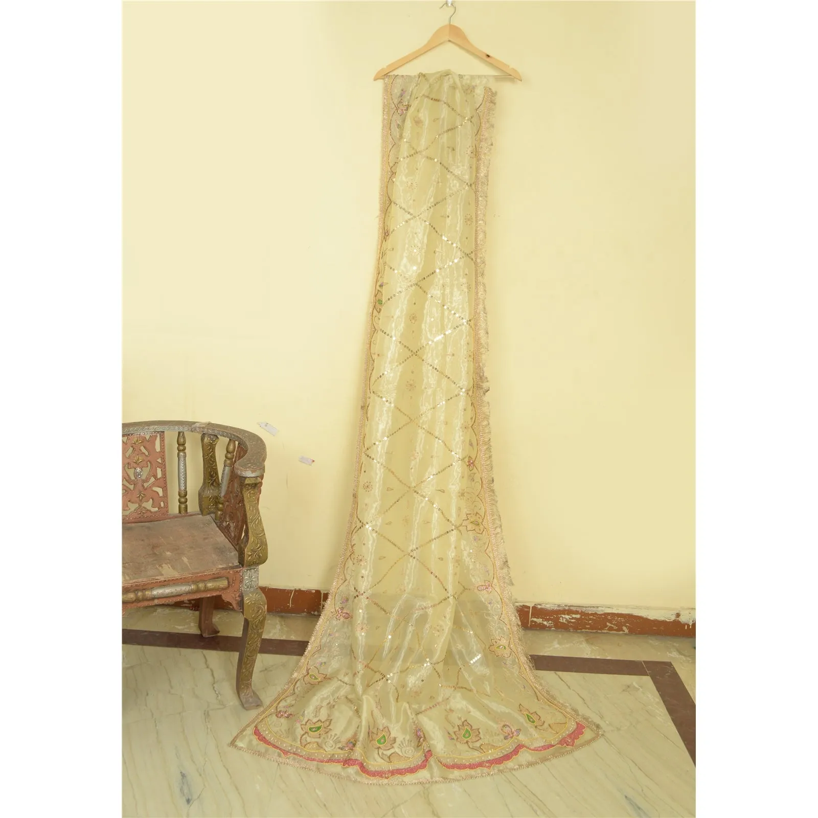 Sanskriti Vintage Long Cream Dupatta/Stole Pure Organza Silk Hand Beaded Scarves