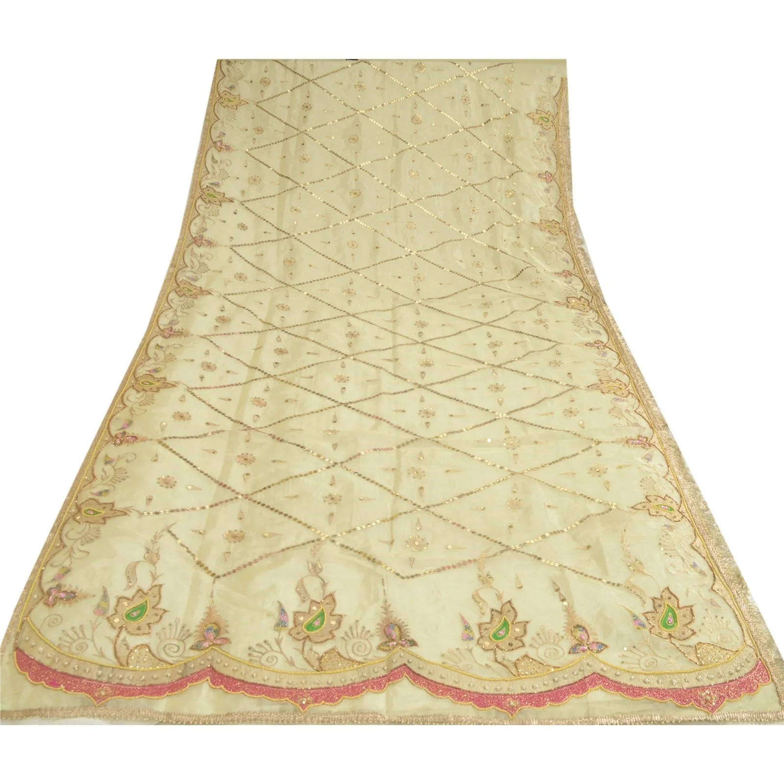 Sanskriti Vintage Long Cream Dupatta/Stole Pure Organza Silk Hand Beaded Scarves