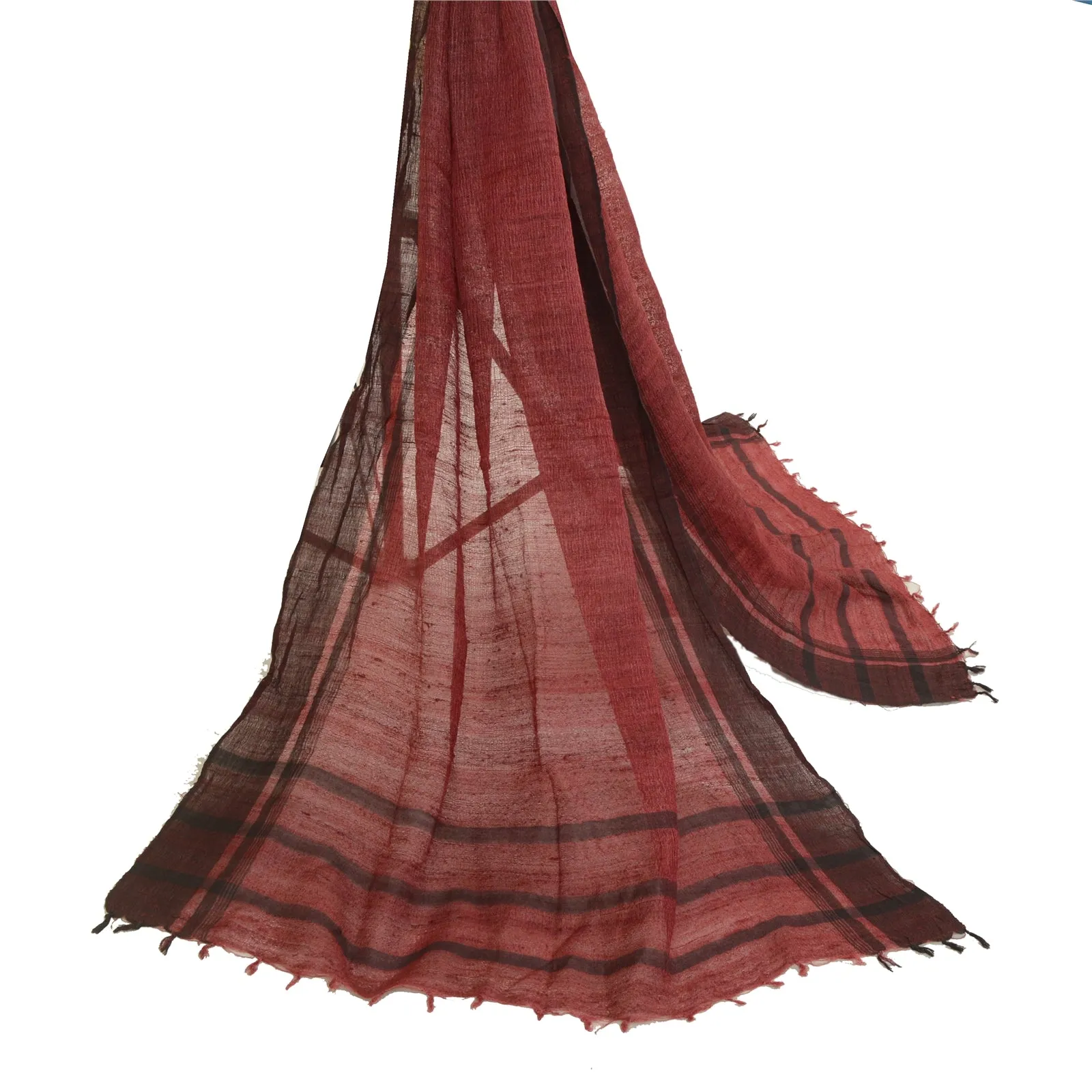 Sanskriti Vintage Long Dark Red Dupatta/Stole Pure Handloom Cotton Woven Scarves