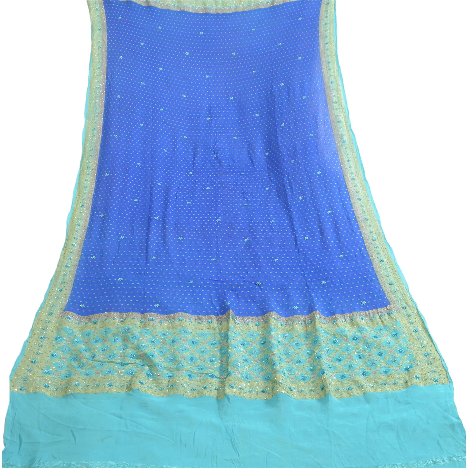 Sanskriti Vintage Long Dupatta Stole Pure Silk Blue Hand Beaded Woven Scarves