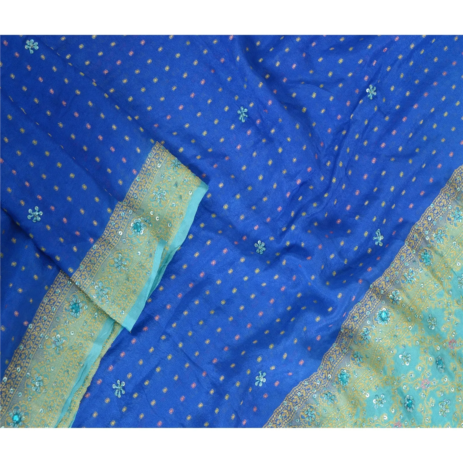 Sanskriti Vintage Long Dupatta Stole Pure Silk Blue Hand Beaded Woven Scarves