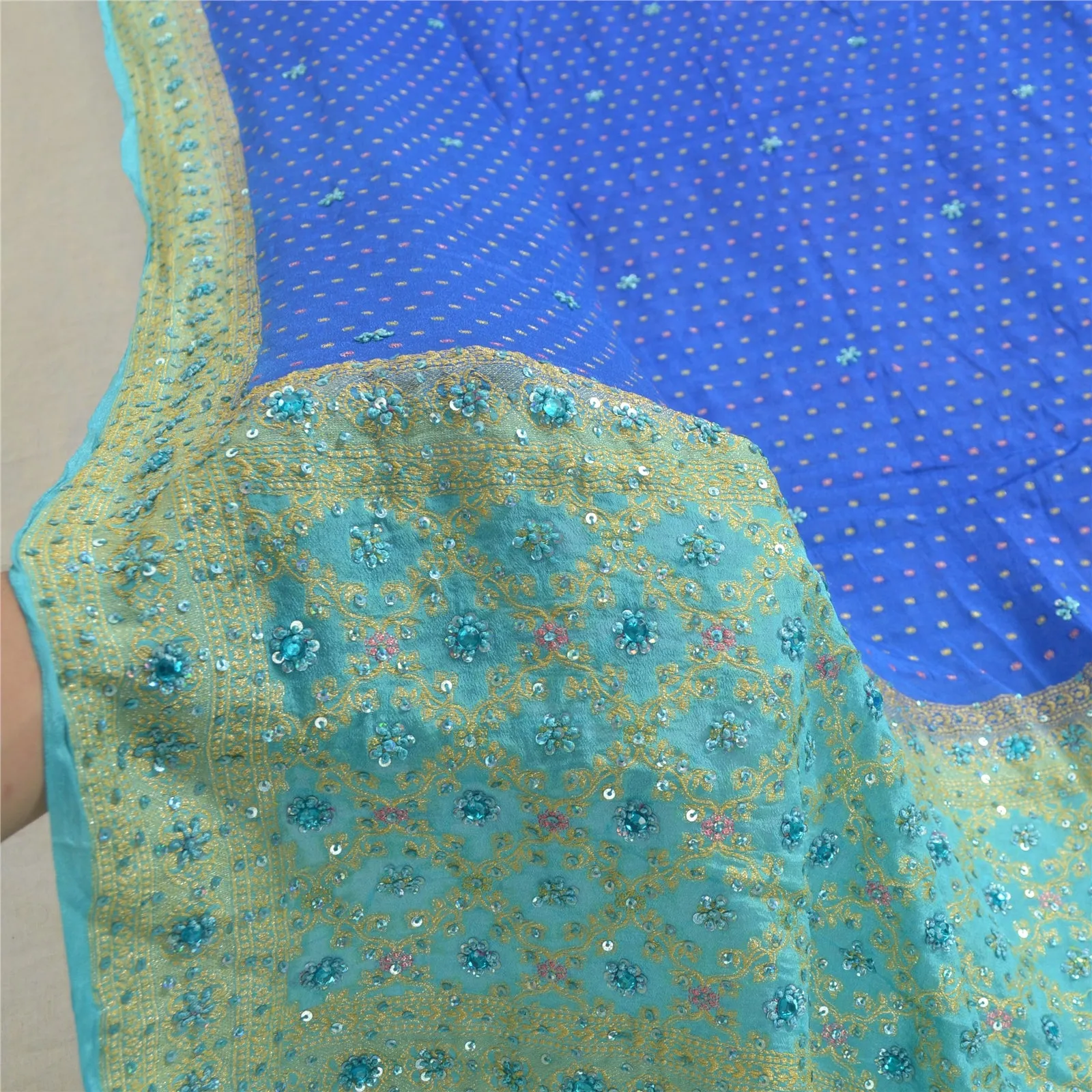 Sanskriti Vintage Long Dupatta Stole Pure Silk Blue Hand Beaded Woven Scarves