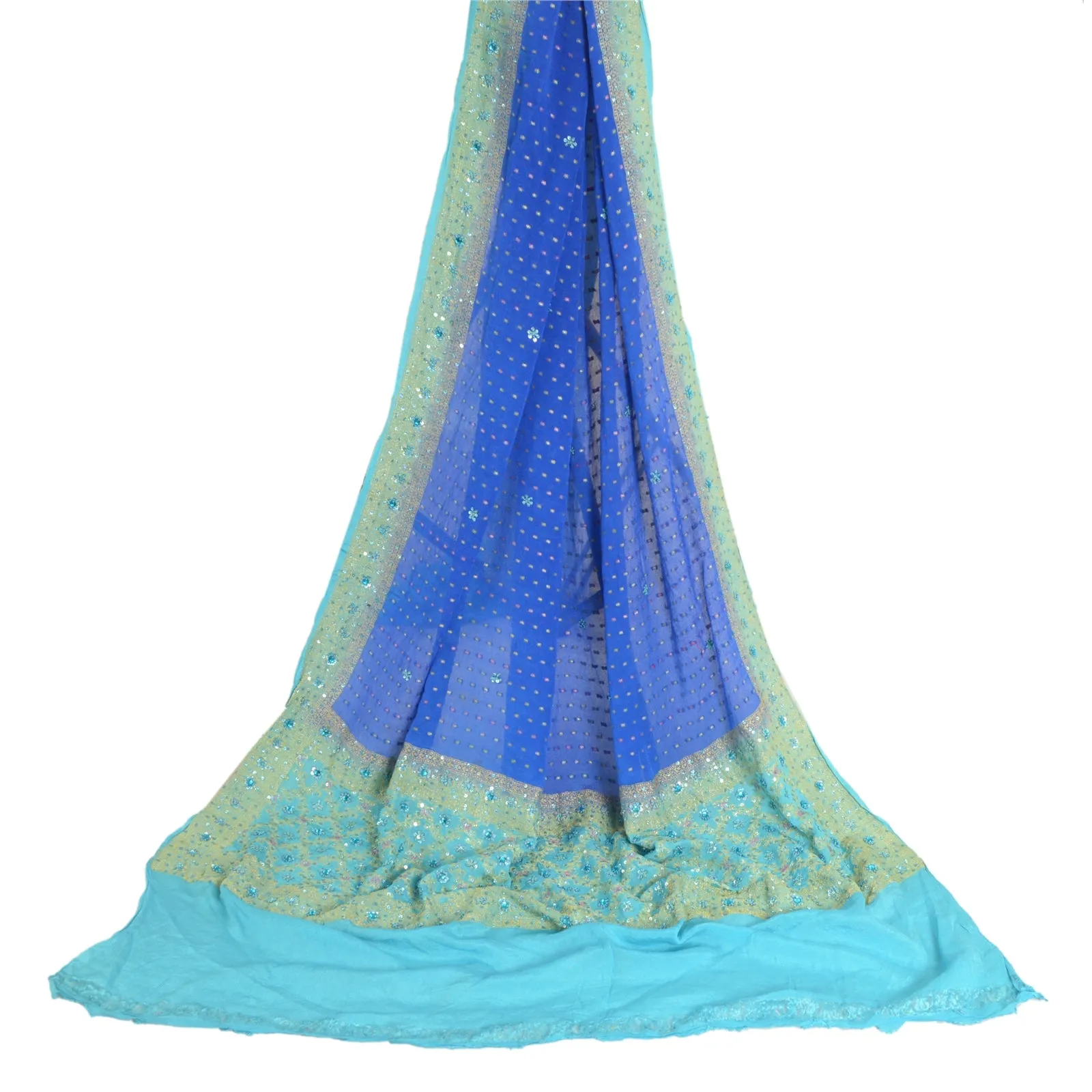 Sanskriti Vintage Long Dupatta Stole Pure Silk Blue Hand Beaded Woven Scarves