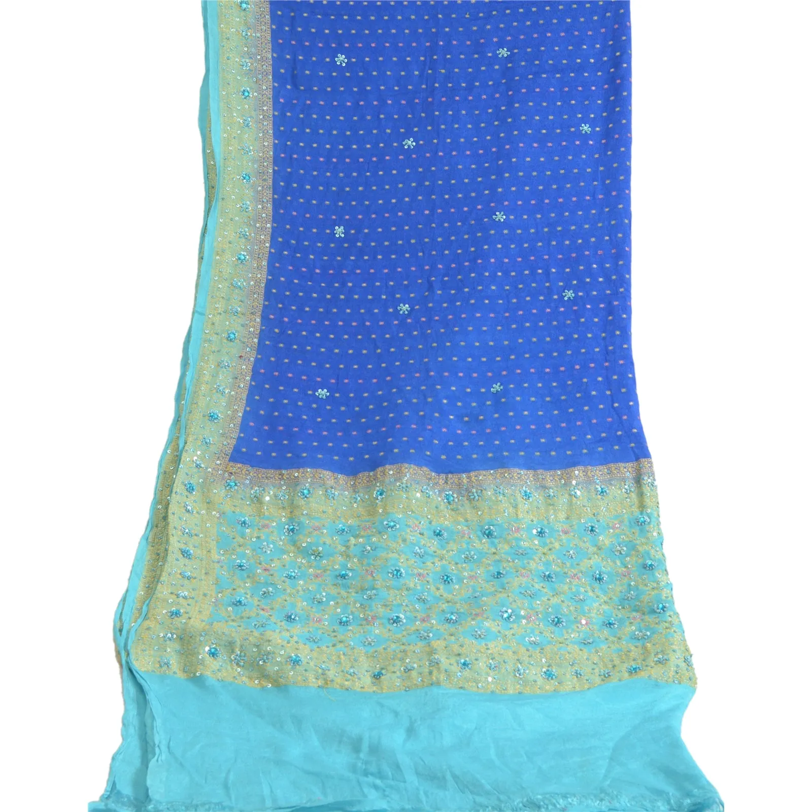 Sanskriti Vintage Long Dupatta Stole Pure Silk Blue Hand Beaded Woven Scarves