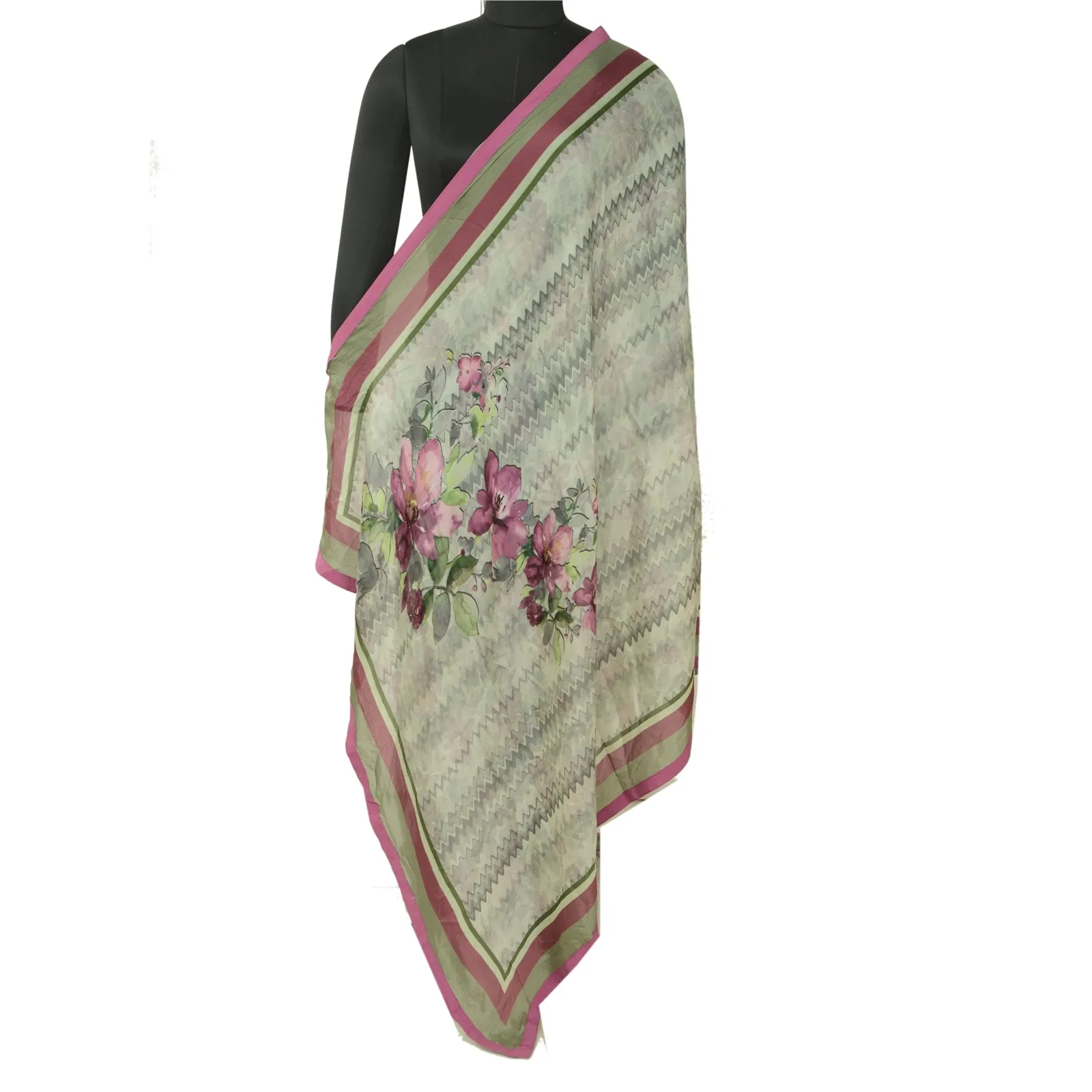 Sanskriti Vintage Long Green Dupatta/Stole Art Silk Digital Printed Wrap Scarves