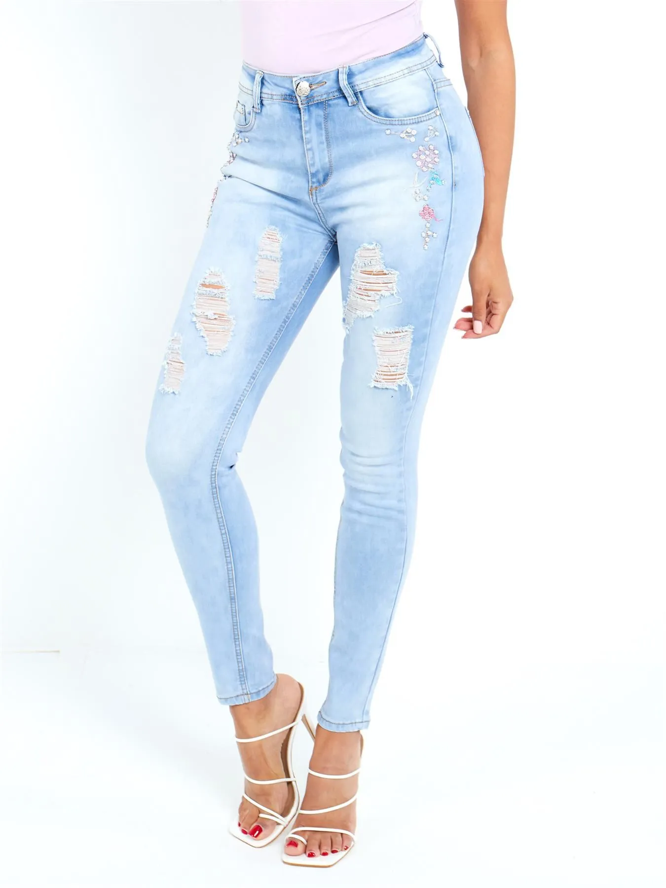 Skinny High waist Jeans with Embellishement, UK Sizes 6 to 14