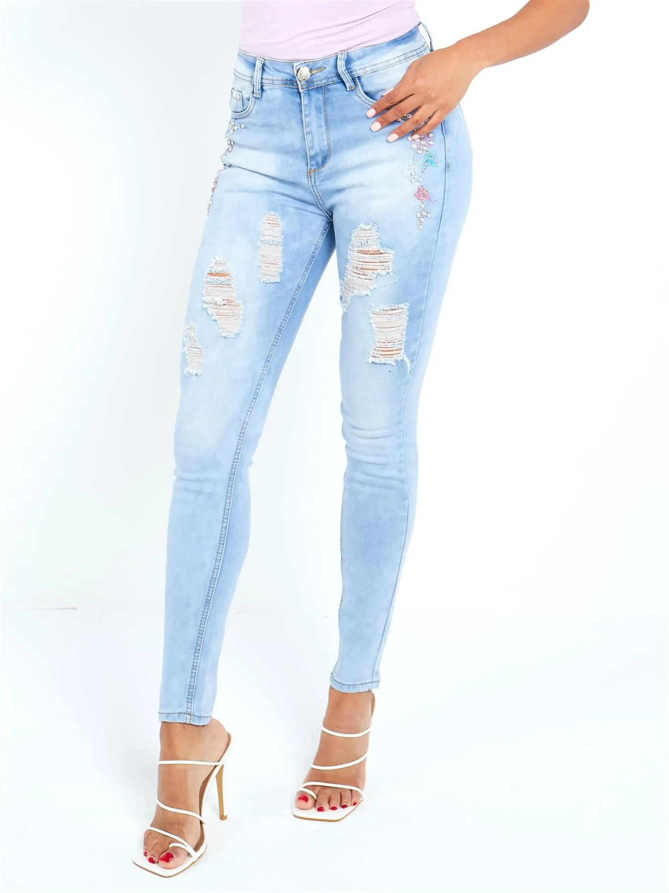 Skinny High waist Jeans with Embellishement, UK Sizes 6 to 14