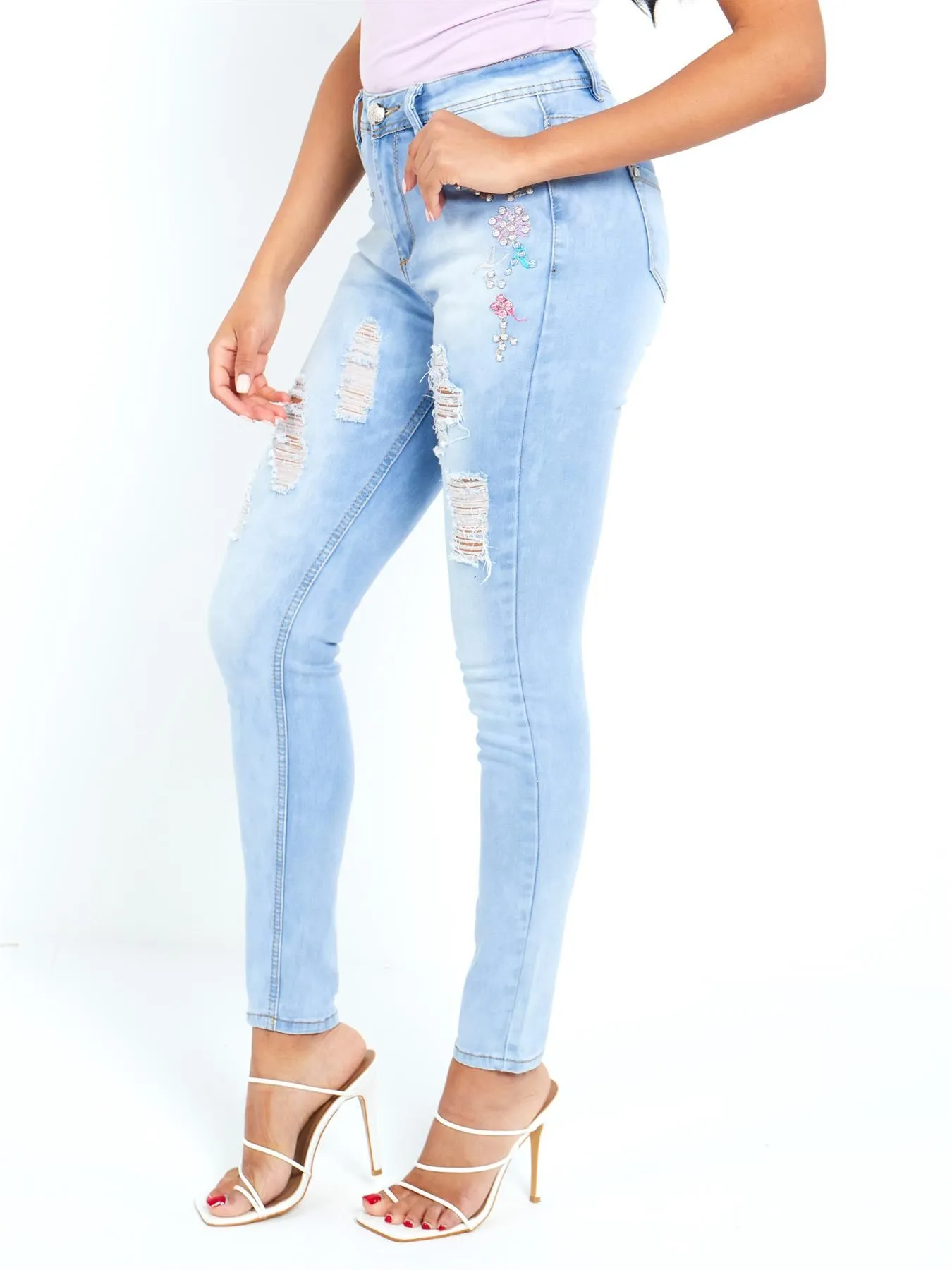 Skinny High waist Jeans with Embellishement, UK Sizes 6 to 14