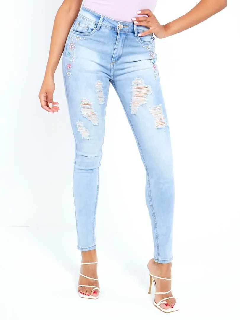 Skinny High waist Jeans with Embellishement, UK Sizes 6 to 14