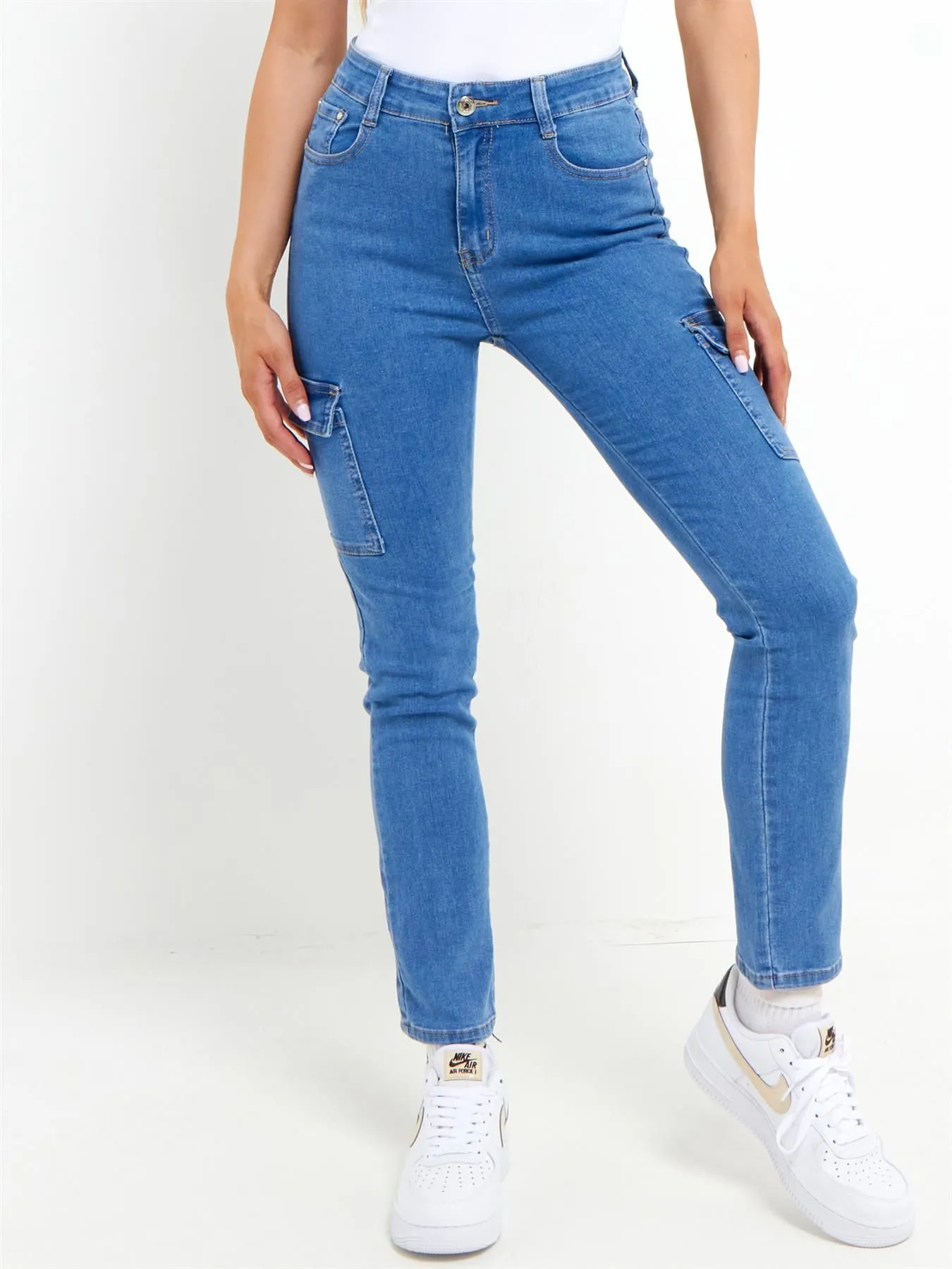 Slim Cargo Jeans with High Waist, Blue, UK Sizes 6 to 14