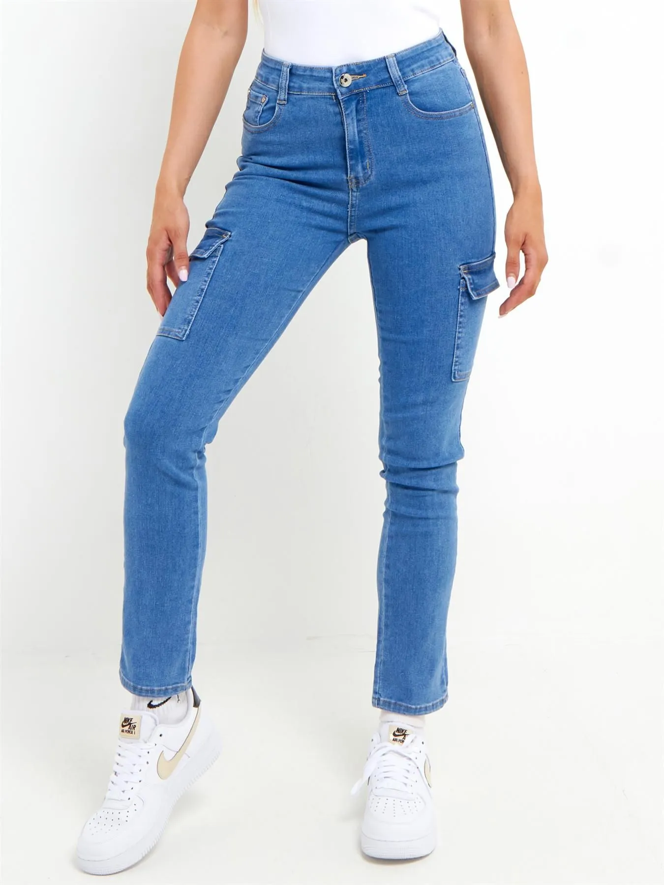 Slim Cargo Jeans with High Waist, Blue, UK Sizes 6 to 14