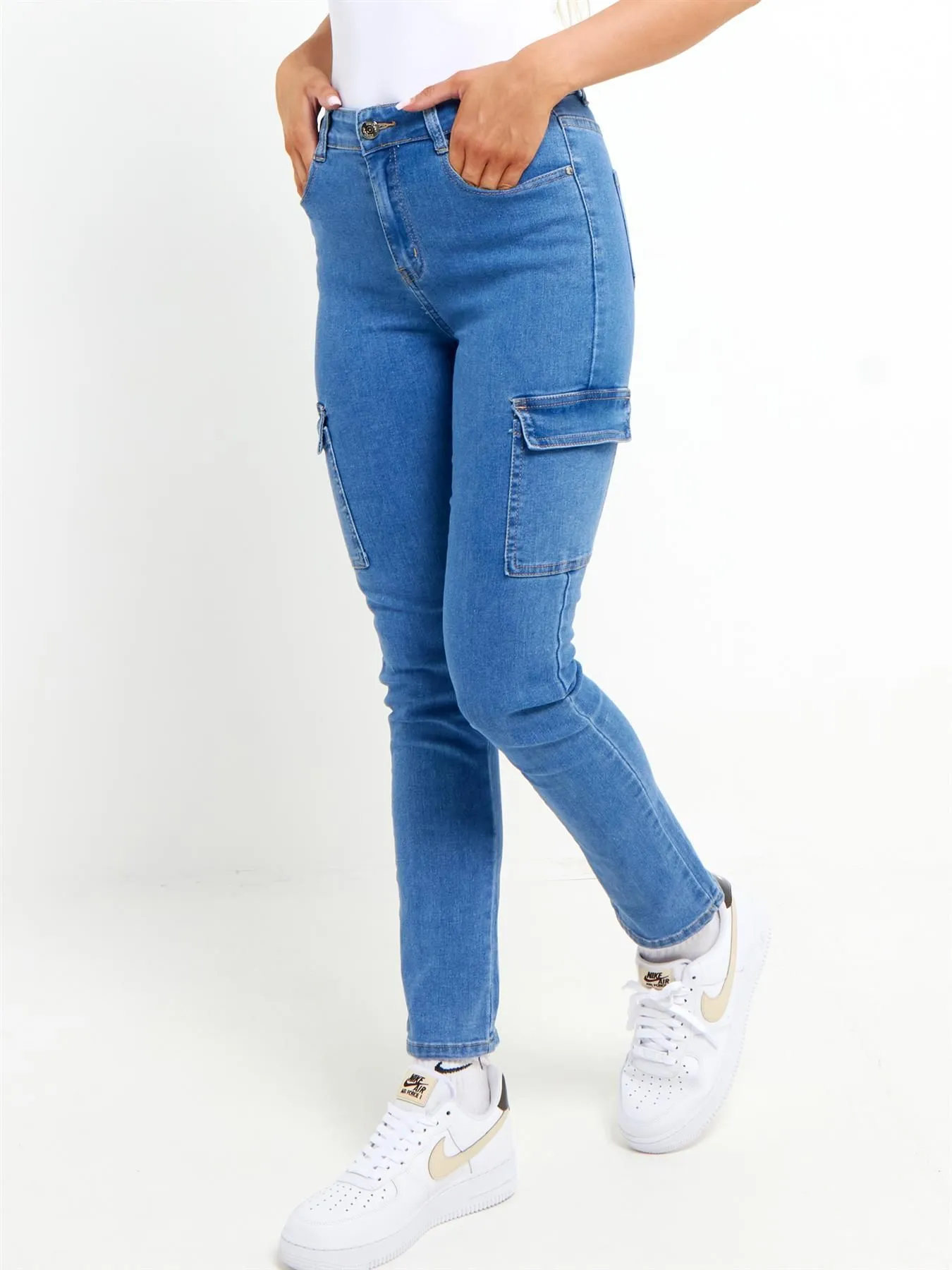 Slim Cargo Jeans with High Waist, Blue, UK Sizes 6 to 14