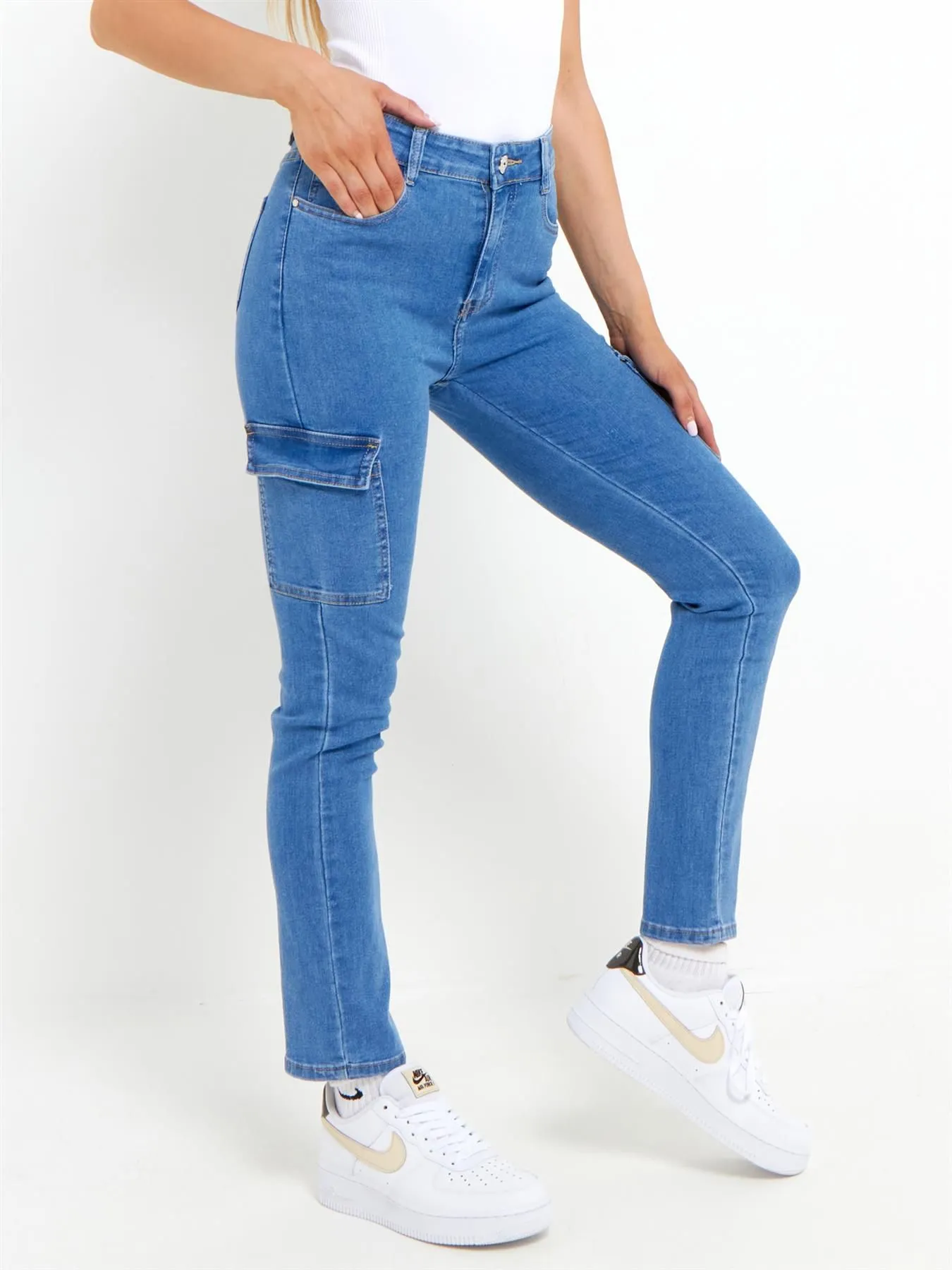 Slim Cargo Jeans with High Waist, Blue, UK Sizes 6 to 14