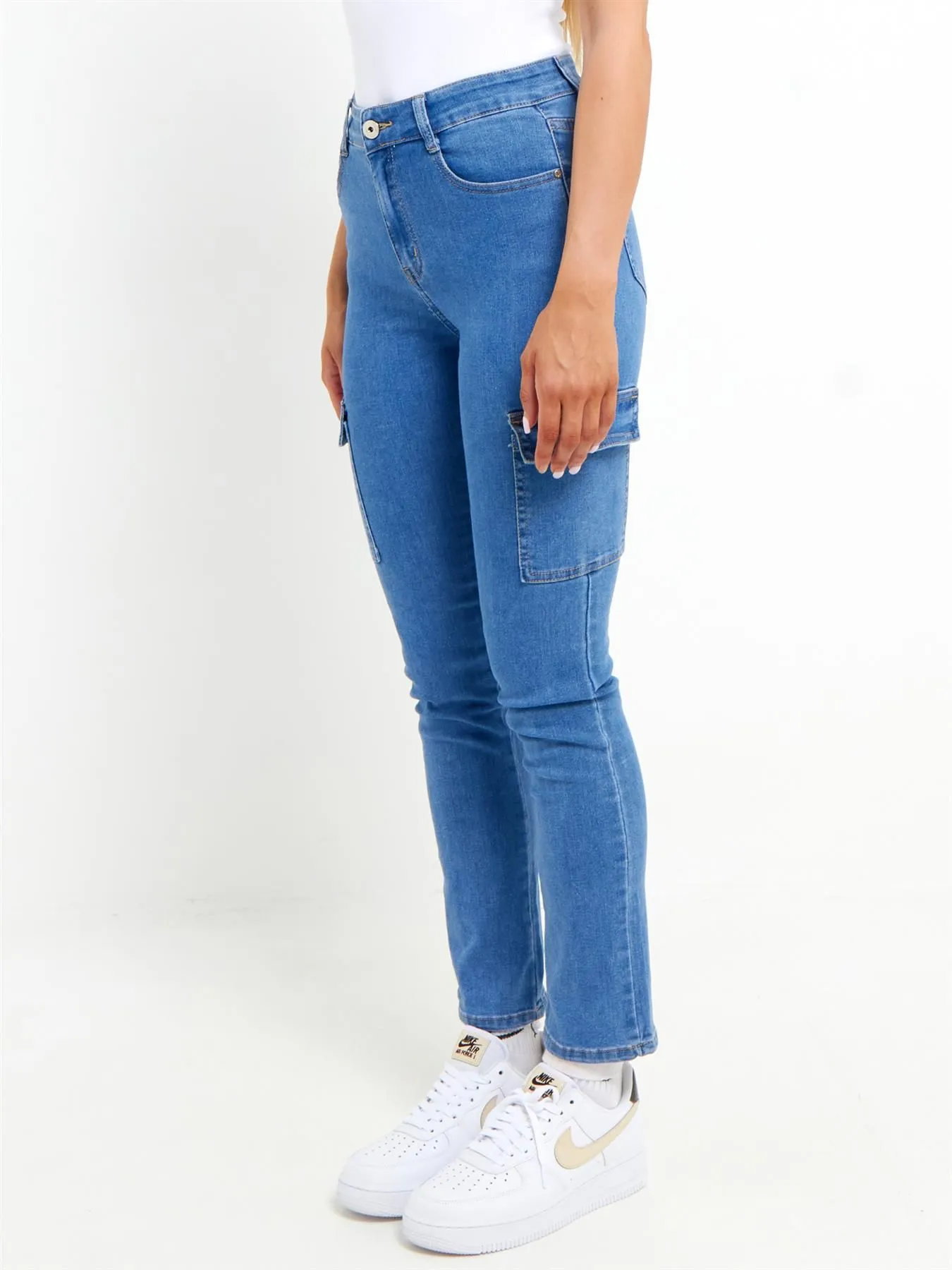 Slim Cargo Jeans with High Waist, Blue, UK Sizes 6 to 14