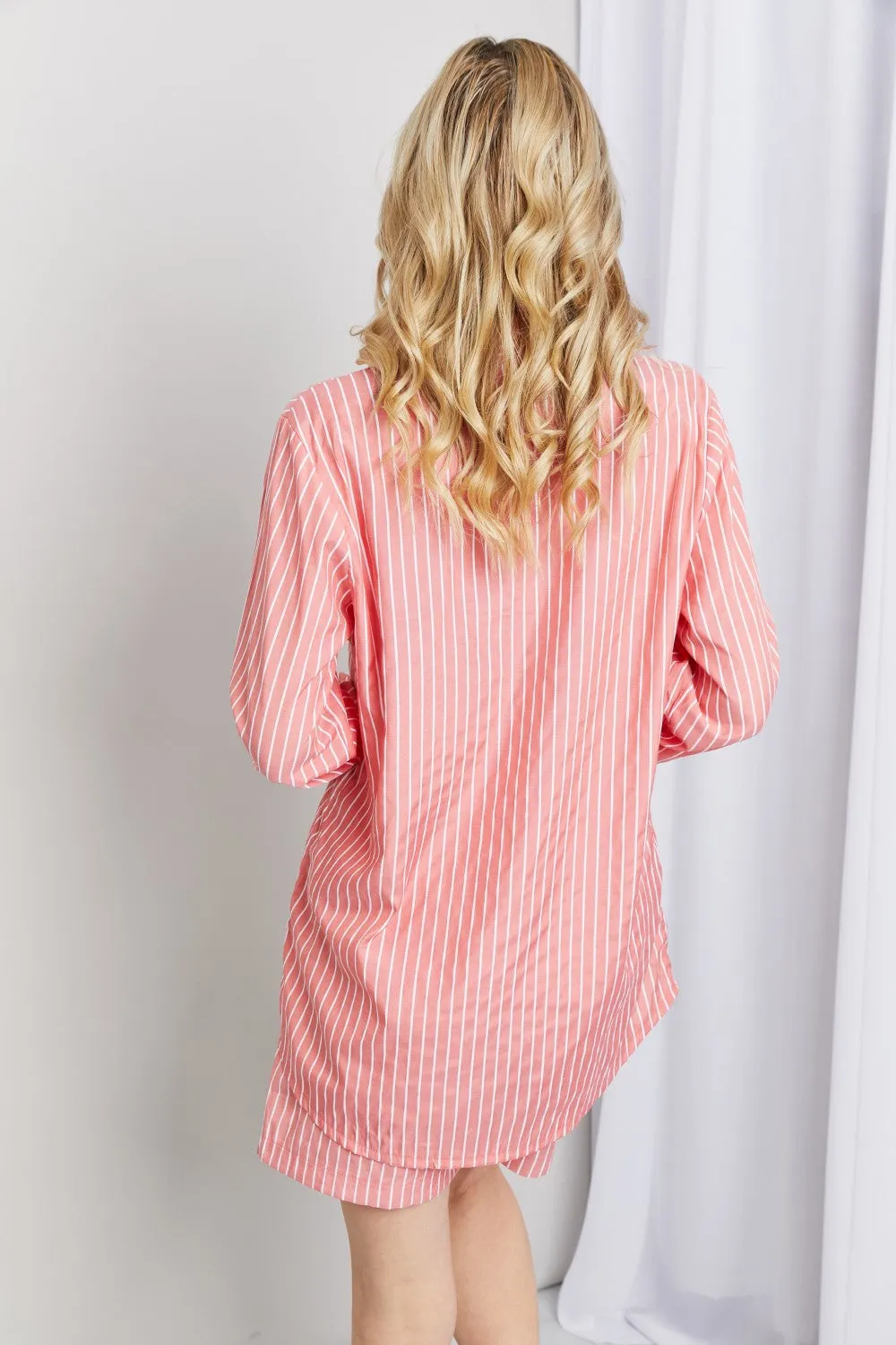 Striped Shirt and Shorts Loungewear Set in Deep Coral