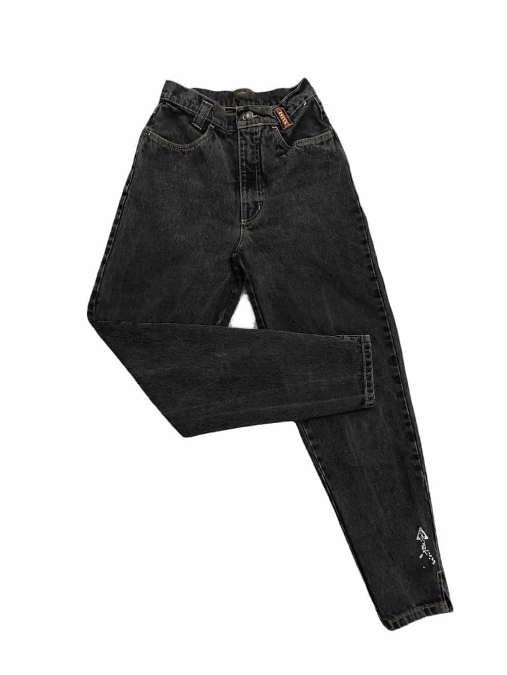 Vintage HIS mom jeans in black/grey with embellished hems & slits – W27 x L28