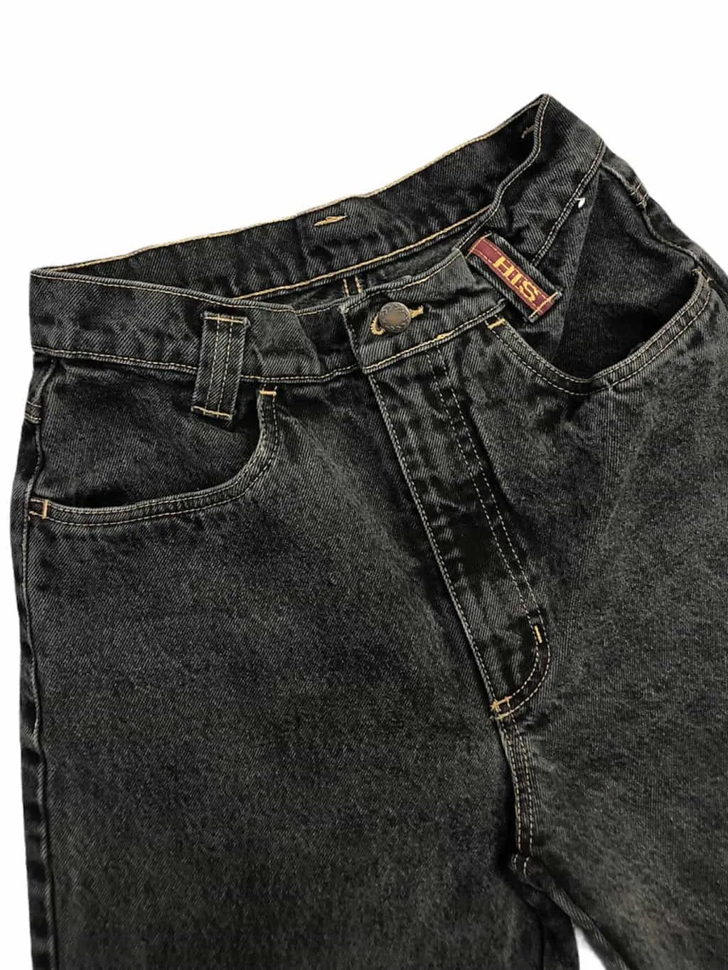 Vintage HIS mom jeans in black/grey with embellished hems & slits – W27 x L28