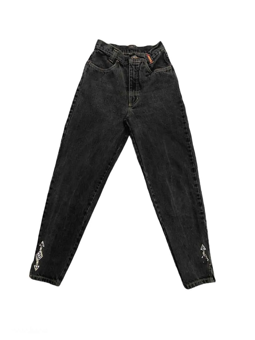 Vintage HIS mom jeans in black/grey with embellished hems & slits – W27 x L28