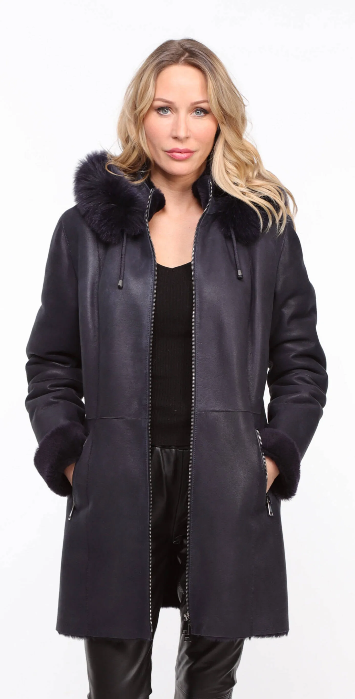 Women's navy \aurelia\ hooded sheepskin coat