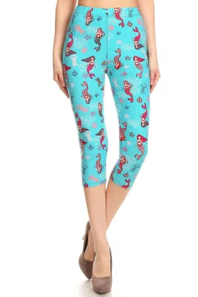 Women's Regular Red Mermaid Starfish Jellyfish Printed Cropped Capri Leggings