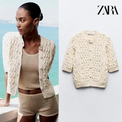 ZARA  |Casual Style Cotton Short Sleeves Elegant Style Cardigans